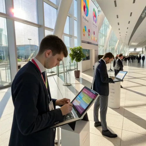 A photo of event staff using technology to track attendee engagement and gather data, highlighting the use of data-driven insights to improve event performance.