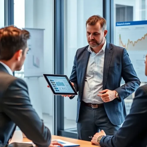 An ExpoPartner consultant advising a client, highlighting the strategic consulting services offered to optimize event outcomes.