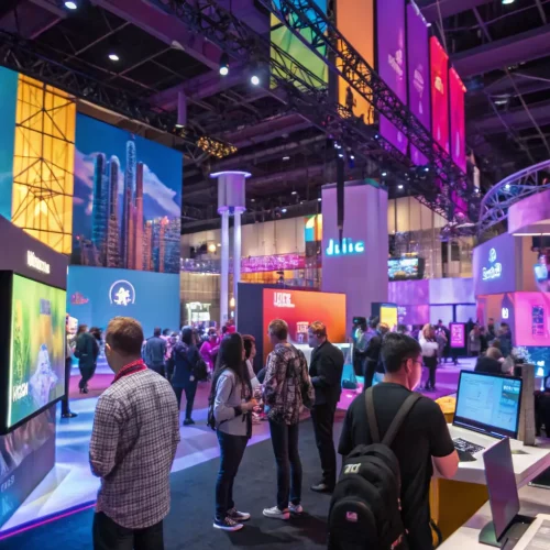 A wide shot of a trade show floor, showcasing various booths with company branding and attendees interacting with exhibitors. The scene is vibrant and energetic, conveying a sense of excitement and opportunity.