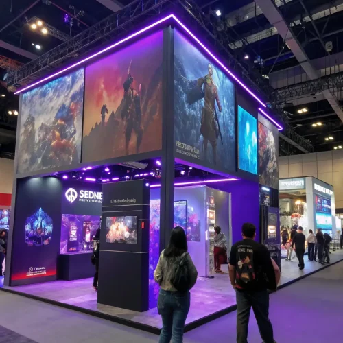 An image of a well-designed booth with engaging displays and interactive elements, attracting attendees and showcasing the exhibitor's products or services effectively.