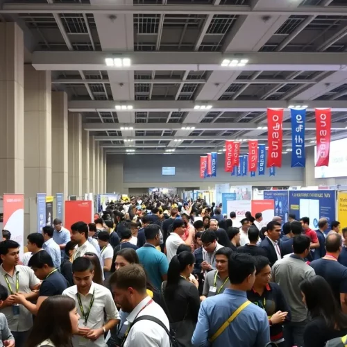 A brightly lit convention hall filled with booths and attendees, showcasing ExpoPartner's event planning expertise in creating engaging environments.